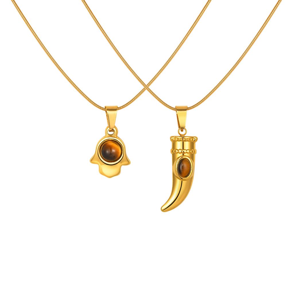 Damen Trendschmuck, Naturstein Edelstahl Fatima Hand Tigerauge Anhänger Halskette