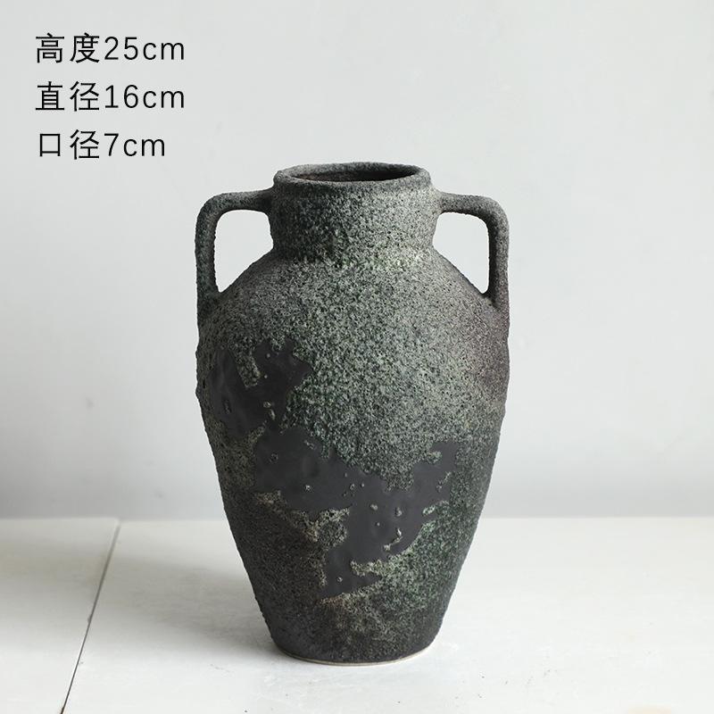 Vintage Dual Ear Coarse Ceramic Vase, Flowerpot, Living Room Decoration, Dining Table Flower Arrangement Container, Pottery Jar