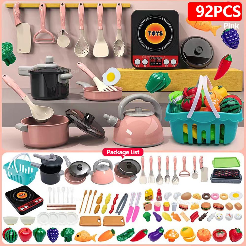 Conjunto de Brinquedos de Cozinha para Crianças 92/69/59 PCS Kit de Acessórios de Cozinha de Brincar com Panelas de Brincar Comida de Brincar Brinquedo de Cozinhar Meninas Meninos Presente