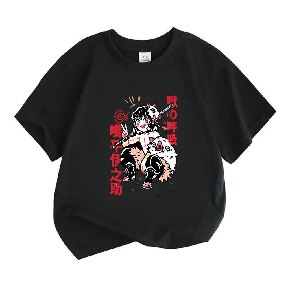 Kids Boys Girls 100% Cotton Crew Neck Short Sleeve T-Shirt, Cute Anime Character Print Casual Summer Tees for Cartoon Demon Slayer Fans Daily Wear Out