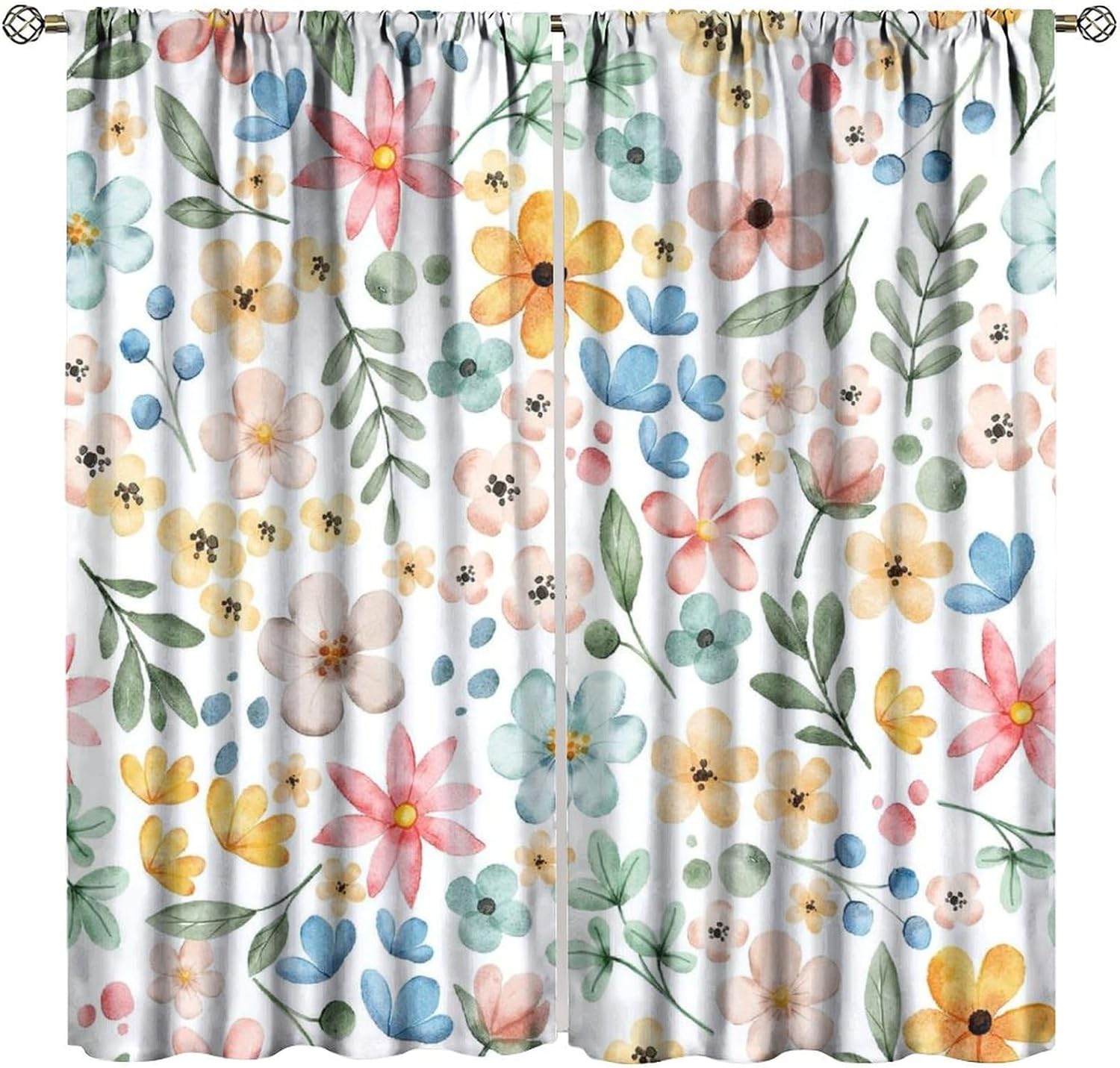 

Farmhouse Watercolor Floral Window Curtains Rustic Colorful Flowers Pattern Drapes Living Room Bedroom Curtain With Blackout Polyester Perfect For W100*H70(CM)-Rod Pocket&2PCS