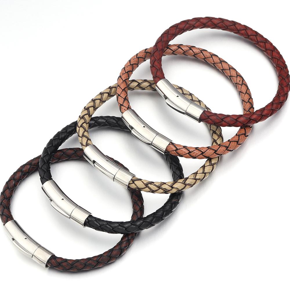 1pc 19/20/21/22cm Leather Cord Bracelet Vintage Stainless Steel Buckle Braided Rope Bracelet For DIY Fashion Crafts Jewelry Gift