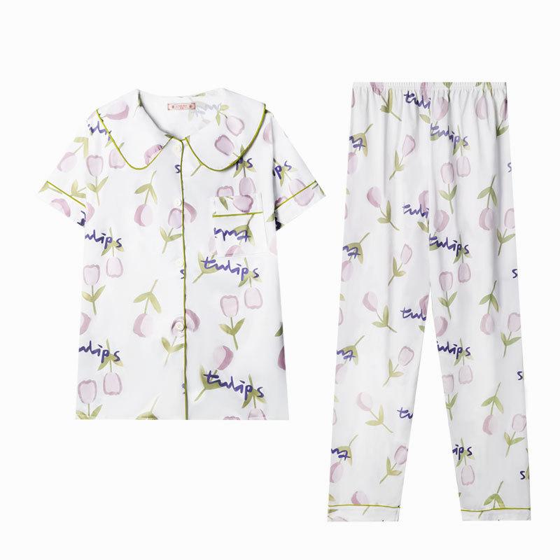 Women'S Pajamas Summer Cardigan Sweet And Gentle Tulip Short-Sleeved Trousers Loose Large-Size Loungewear Can Be Worn Outside