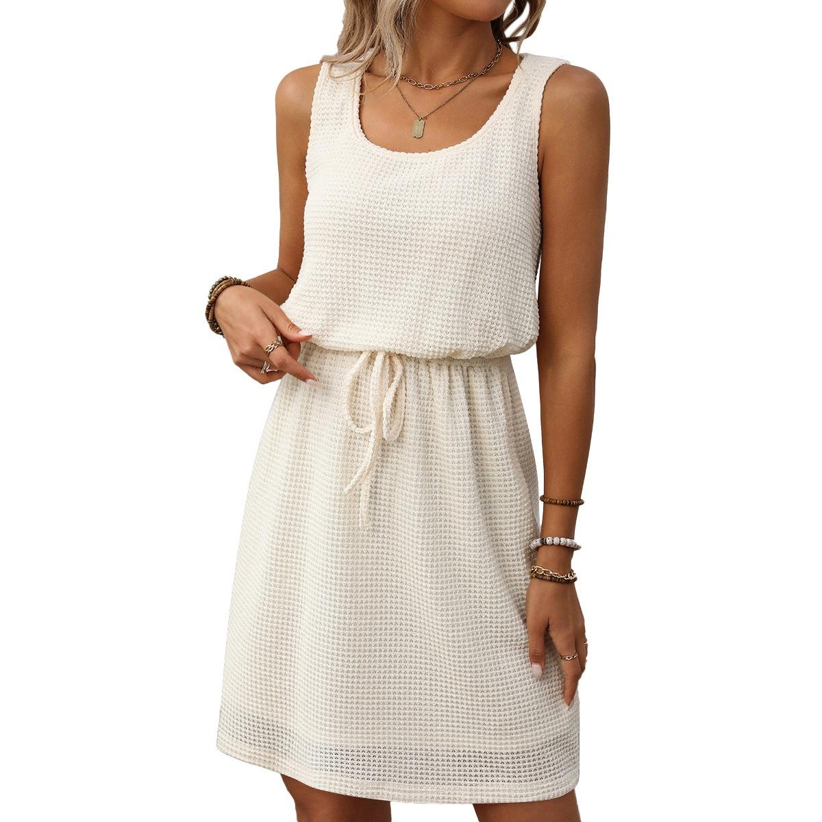 Summer Square Neck Drawstring Sleeveless Tank Dress With Lining, Casual Women s Dress For European American Crossborder S абрикосовый