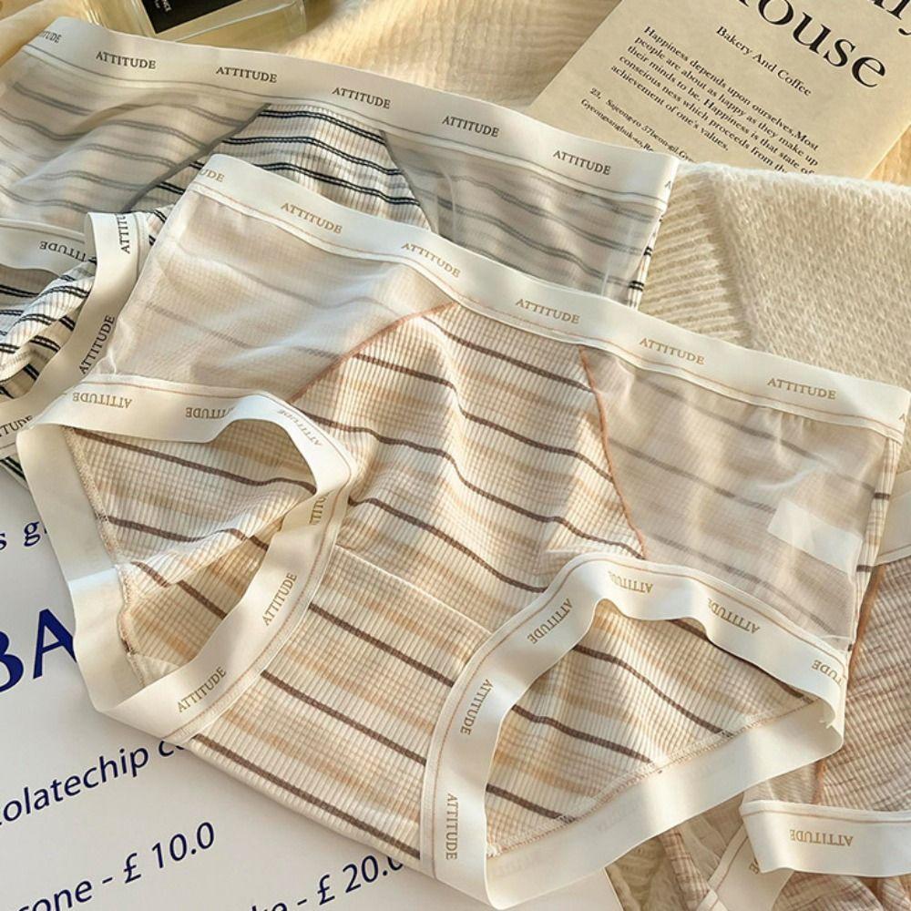 3Pcs Mid Waist Stripe Letter Briefs Ultra-thin Underwear for Women Mesh Seamless Panties  Gifts