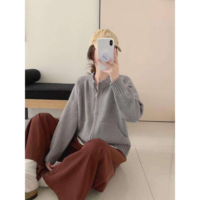 Autumn and winter new double pocket zipper knitted cardigan women's loose casual double head zipper knitted sweater jacket