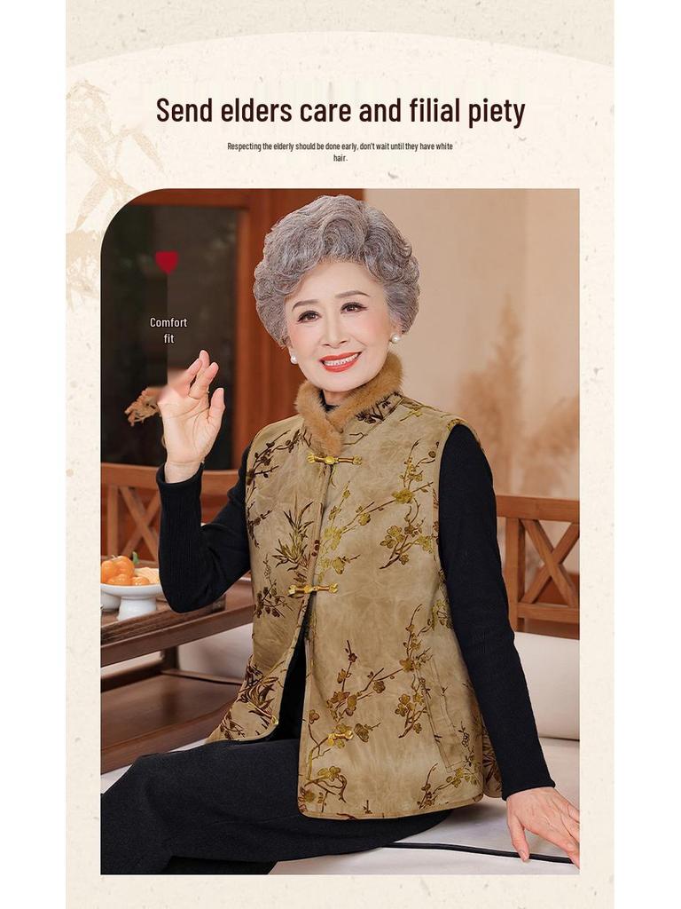 Grandma Winter Women's Mink Fur Collar Vest - Warm, Velvet-Lined, Chinese Style for Mothers and Seniors