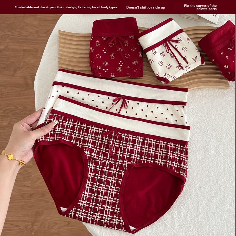 Women in The Spring and Autumn Marriage in The New Year 10 A Year Red Cotton Antibacterial Fork Waist Briefs