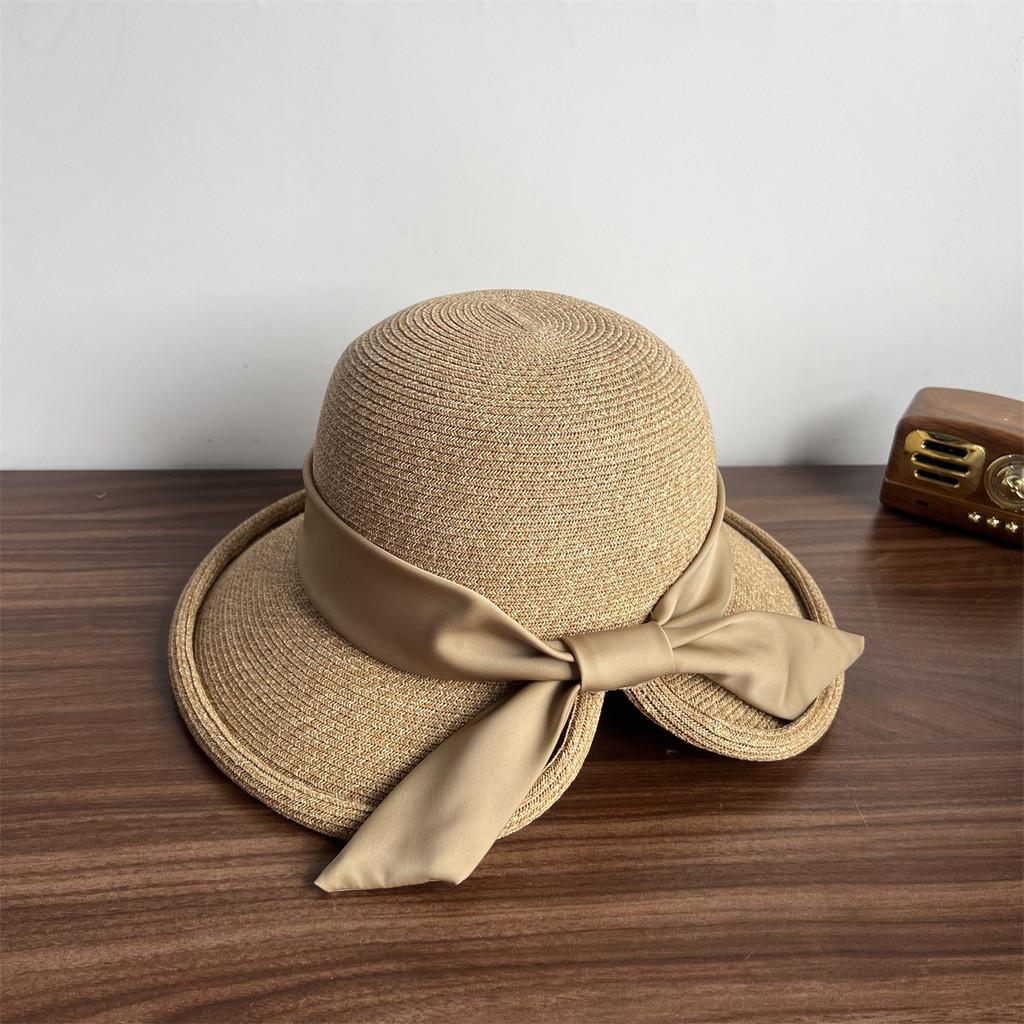 

French Elegant Wide Brim Straw Hat With Slit For Beach And Sun Protection хакі