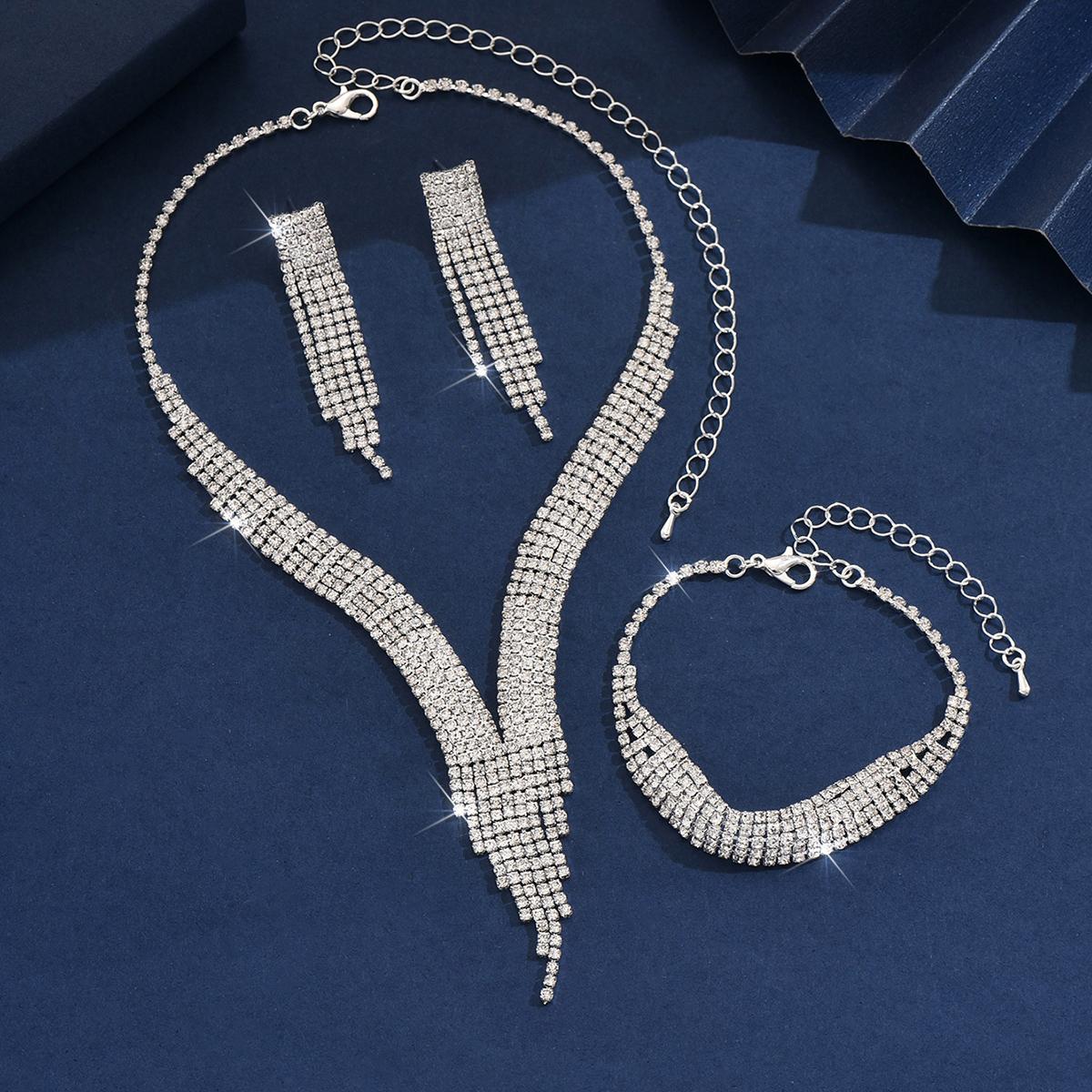 Fashionable tassel sparkling rhinestone necklace earring jewelry set, light luxury style high-end jewelry set