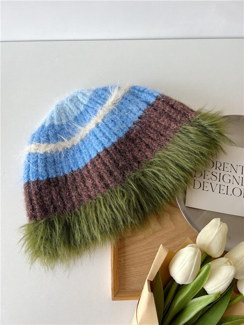 

Autumn and winter color matching knitted wool hat versatile wool hat showing face small hat women s striped thermal basin hat M56-58cm