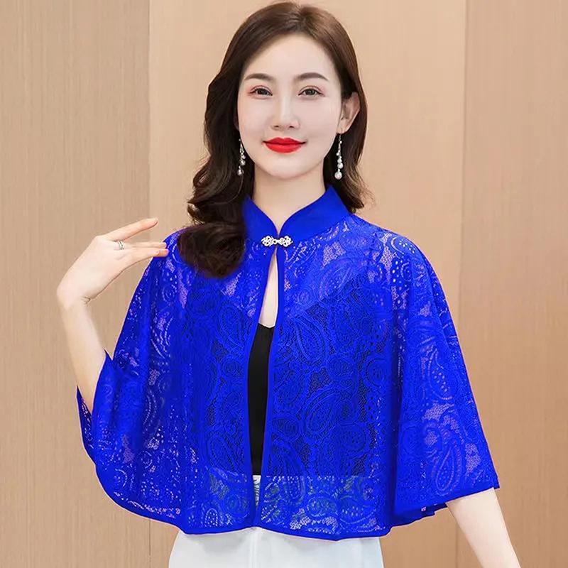 Spring Summer Shawl Coat Thin Scarf Long Sleeve Lace Temperament Cardigan Outwear Shoulder False Collar Out All-Match Ponchos