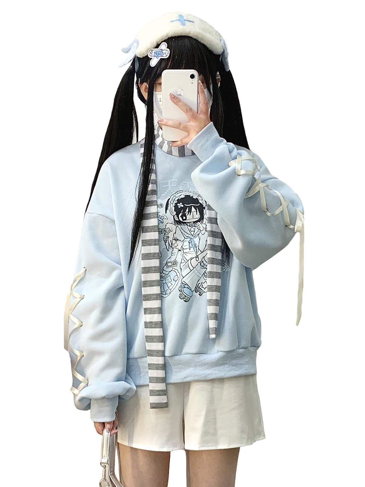 

XHSUKADO Hoodie in Light Blue with Ribbon and Cute This top features long sleeves and is perfect for Perfect for and Women s Lace-Up Print. синий