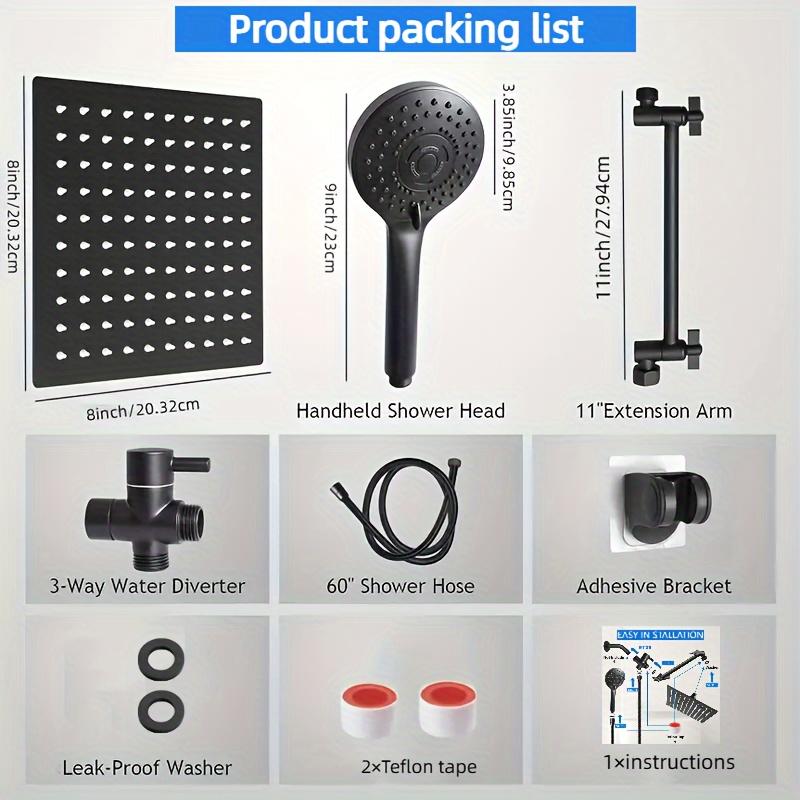 8-inch High-pressure Rain Shower Head/handheld Shower Combination with 11-inch Extension Arm and 5 Adjustable Leak-proof Shower Headband Brackets.