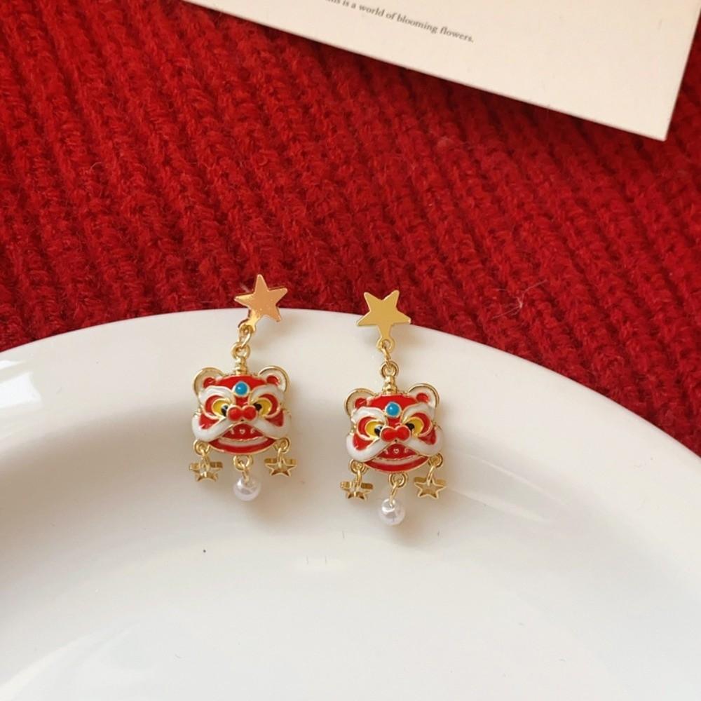 Cartoon Lion Dance Ear Studs Awakened Lion Drop Earrings Retro Tassel Lion Dance Earrings  Wedding
