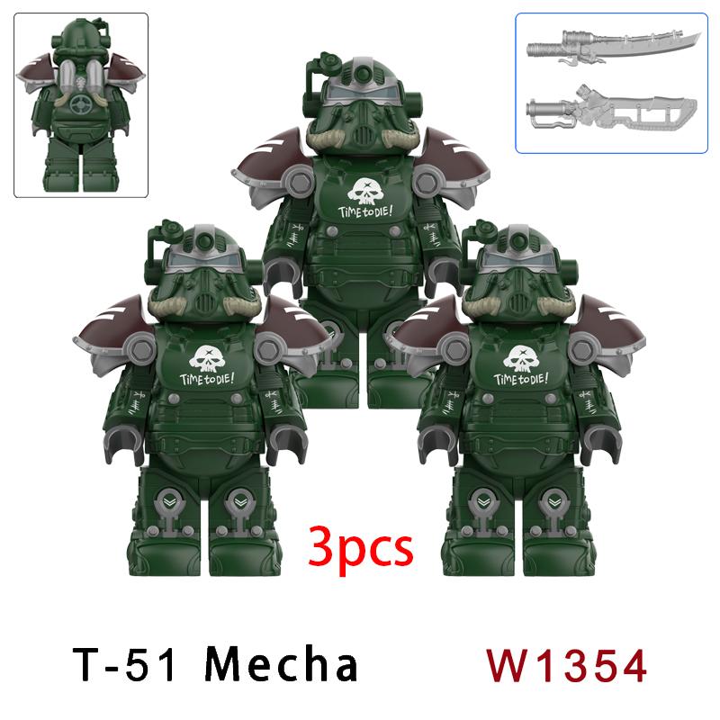 3pcs Military T51 Armor BOS Soldiers Mini Anime Action fallouts Figures Weapons Robot Kinghts Building Blocks Bricks Toys gifts