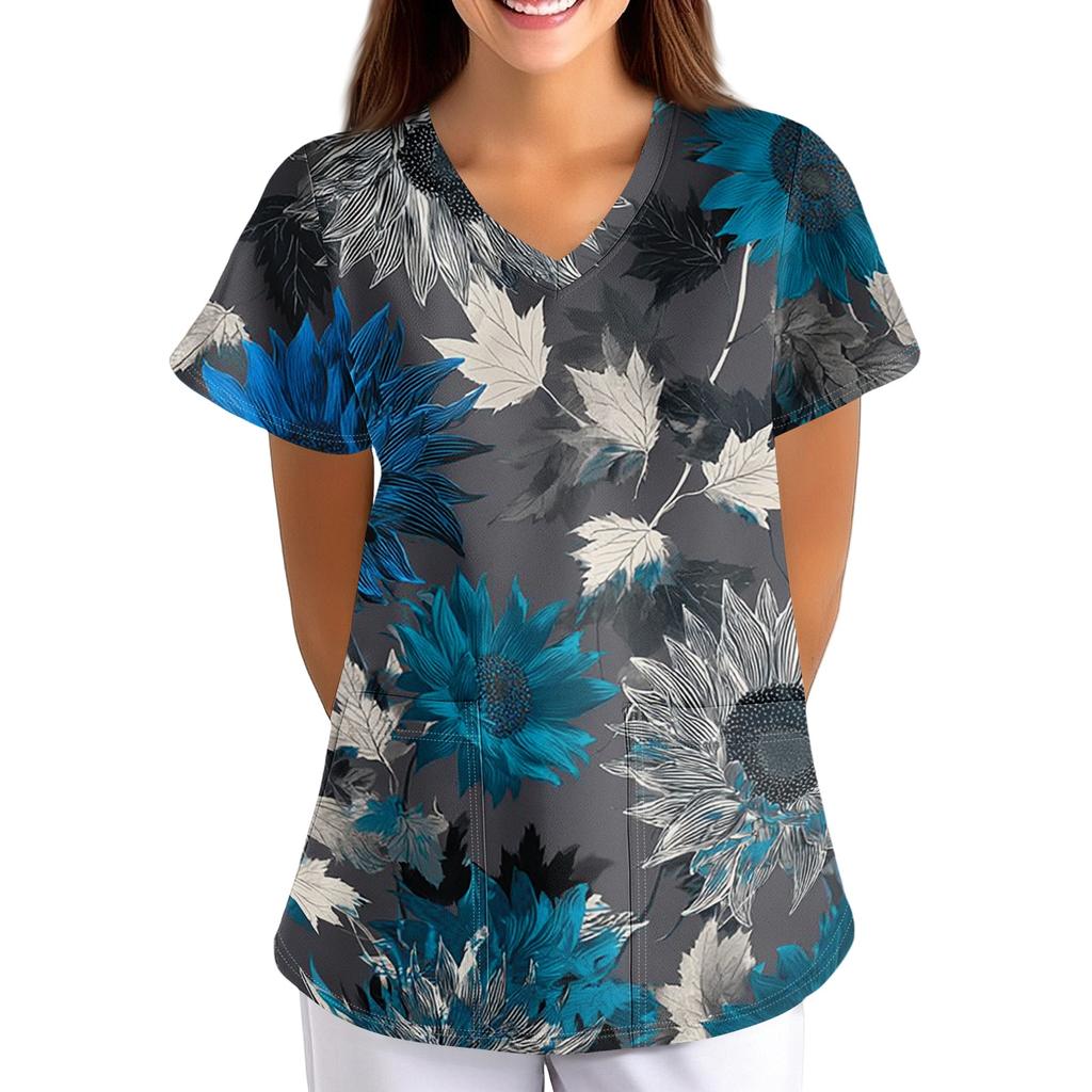 Women's Short Sleeve V Neck Vintage Floral Print Pocket Nurse Scrub Top Medical Uniform Shirt for Healthcare Professionals