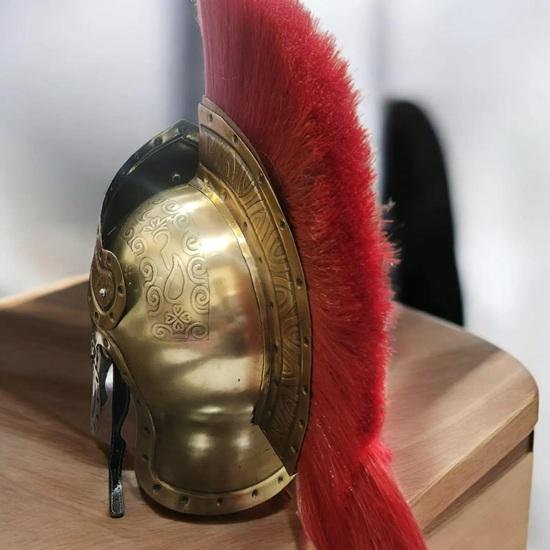 Roman Gladiator Helmet with Red Crest and Brass Queen Crest Handcrafted Medieval Warrior Armor Gift