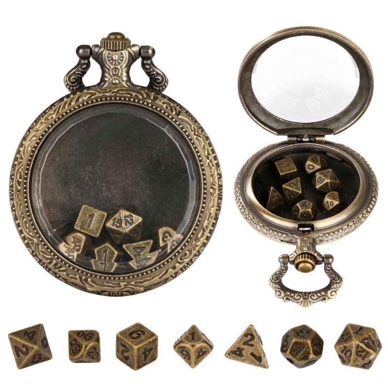Unique Pocket Watch Case with 7pcs/set Metal Polyhedral Dices Pendant Delicate Pocket Watch for Gamers and Collectors