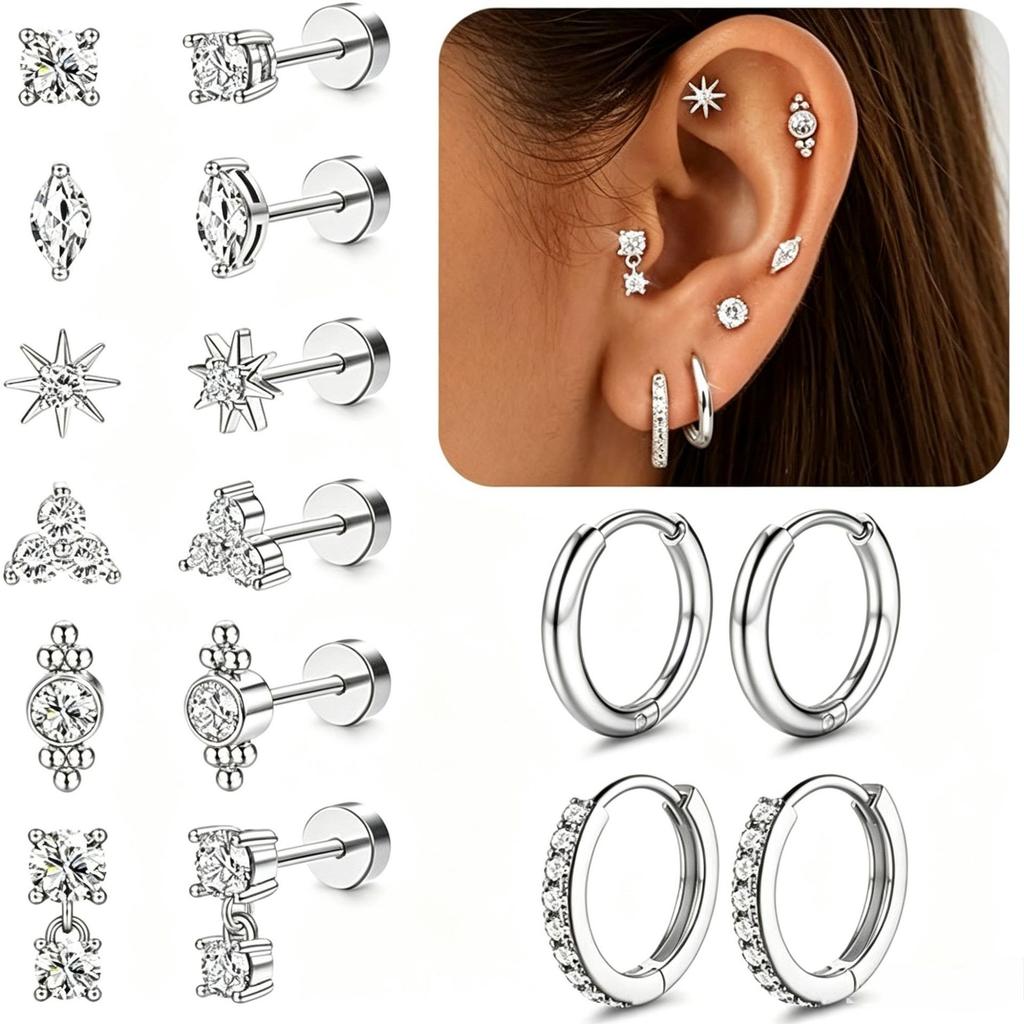 European American Style 316 Stainless Steel Unisex Trendy Ear Nail Set Multi-Style Ear Buckle Piercing Ornaments