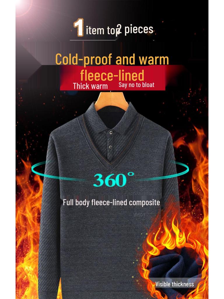 Middle-aged & Elderly Men's Thickened Velvet Knit Sweater Faux Two-Piece