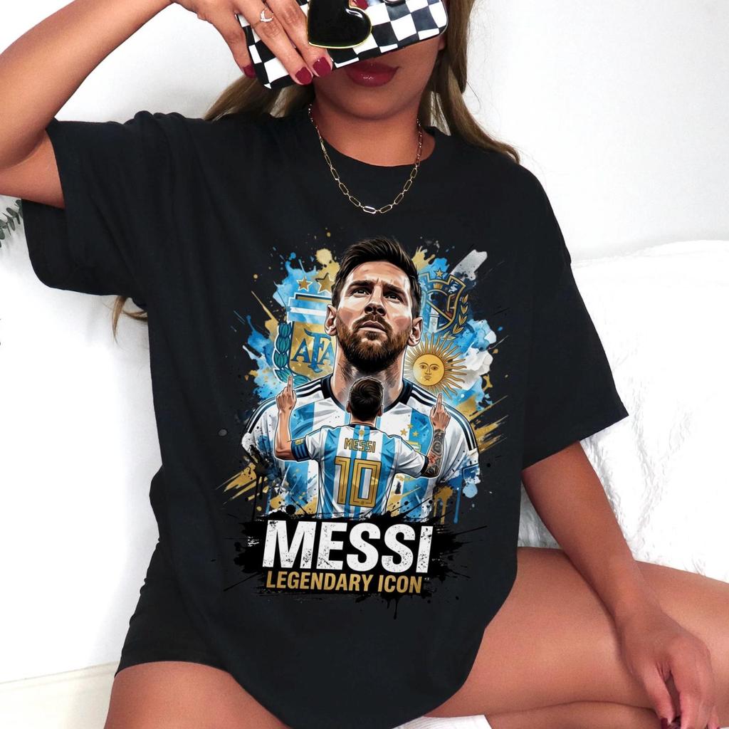 Lionel Messi Argentina 3 Stars Champion Double Portrait Graphic TShirt Retro Splash Ink Print Unisex Oversized Cotton Streetwear