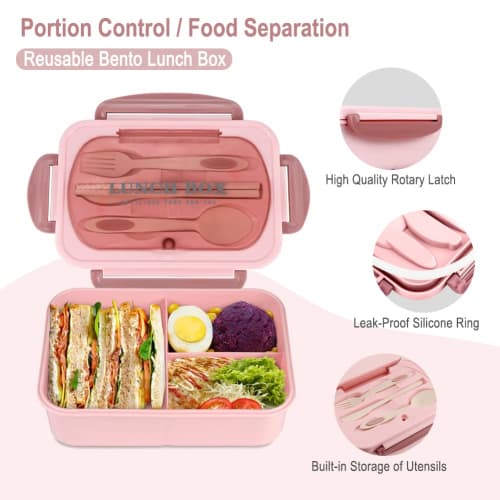 NatraProw Adult Lunch Box, 1200ml Adult Lunch Container, Leakproof Lunch Box with Utensils, BPA-Free, 3-Compartment Bento Box, Microwave Safe, Pink