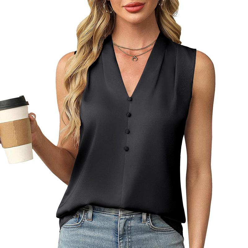 Women Summer Sleeveless V Neck Satin Solid Color Button Slim Fit Vest Top