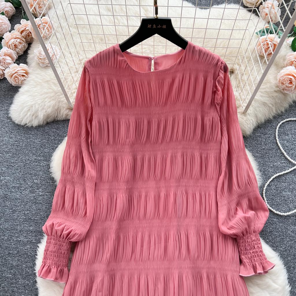 Podzimní Vintage Dámské Řasené Volné Midi Šaty Elegantní Kulatý Výstřih Bufované Dlouhé Rukávy Župan Ležérní Šaty Nové