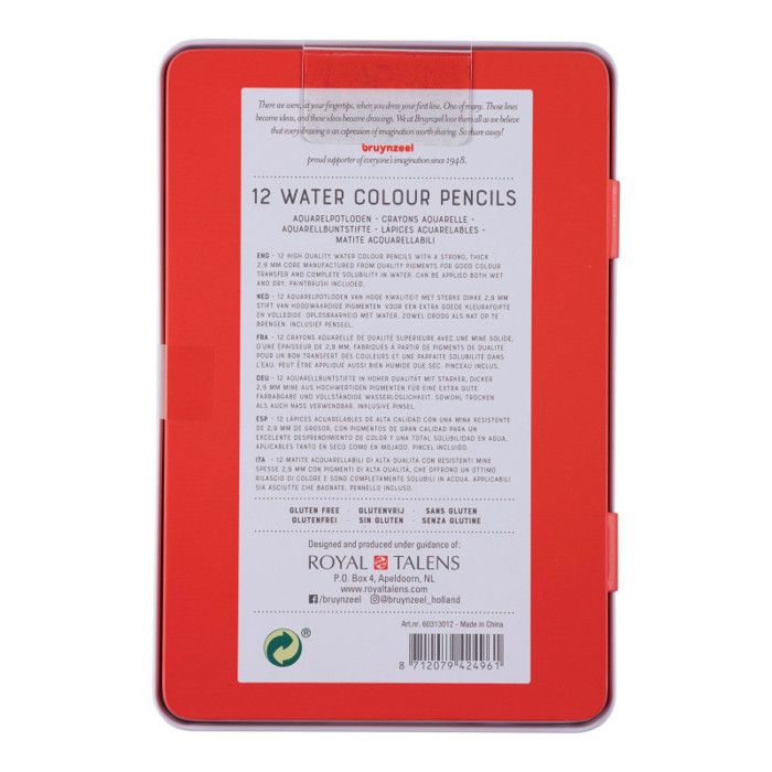 12 Coloured Pencils - Watercolour - Metal Box - Colour Assortment - Bruynzeel