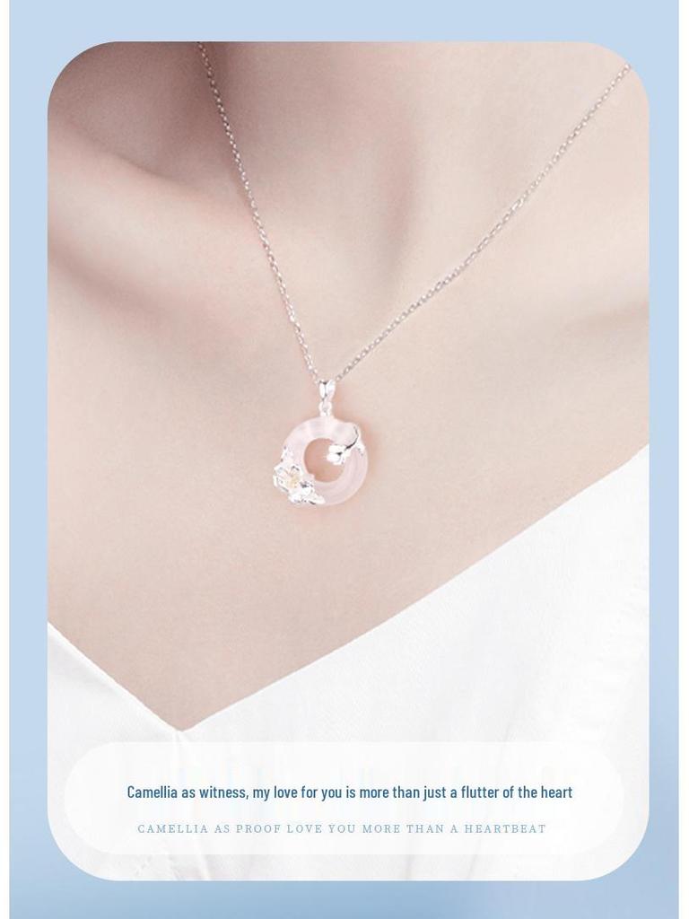 Camellia Ping'an Kou S925 Silver Chalcedony Pendant Necklace for Women - Elegant High-End Design