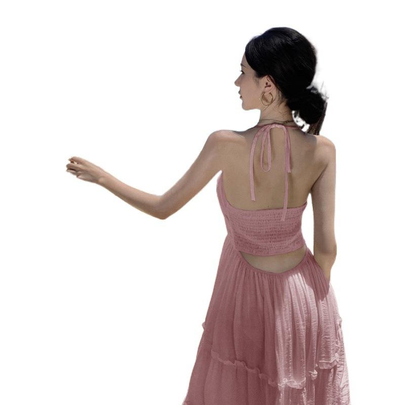 Pure desire wind sexy backless neck suspender skirt women's summer new French temperament super fairy seaside vacation dress