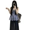 Korean V-neck blue plaid neck sling vest women's summer temperament sweet and spicy off-the-shoulder waist sleeveless top