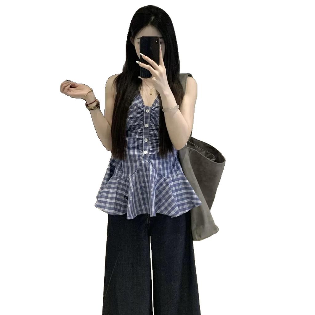 Korean V-neck blue plaid neck sling vest women's summer temperament sweet and spicy off-the-shoulder waist sleeveless top