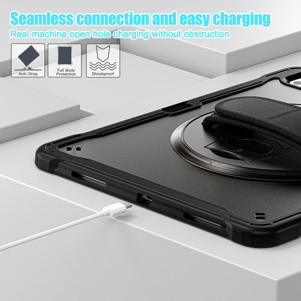 For iPad Pro 13 (2024) Case Kickstand PC+TPU+Silicone Tablet Cover with Rotary Hand Strap