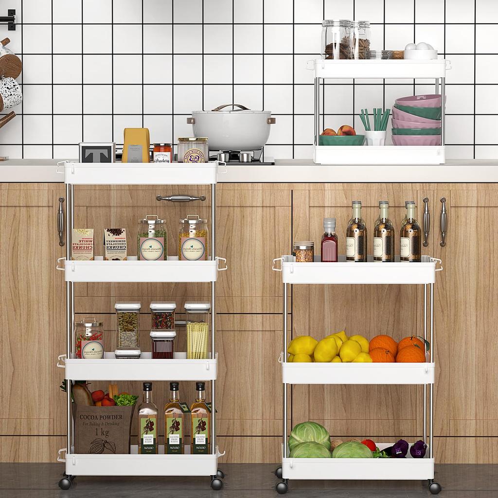 SPACEKEEPER Kitchen 13cm Gap Storage with Rolling for Small Next to 4 White Cart, Slim, Rack, Casters, Rack, Stylish, Spices, Food, Bottles, Items,