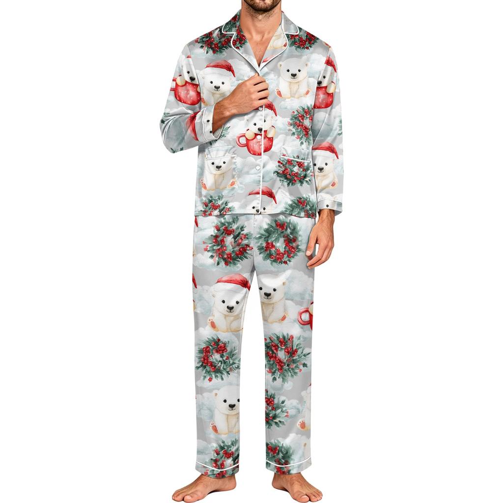 Herren Langarm Button-Down Pyjama-Set mit Hose, 2-teilige Loungewear Nachtwäsche