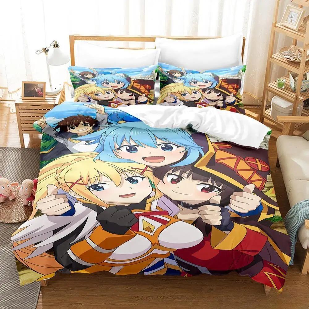 Kawaii KonoSuba Bedding Set 3D Anime Duvet Cover King Size for Adult Kids Bedroom Cartoon Girls