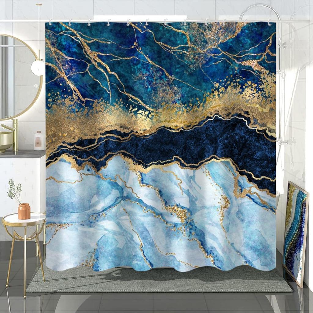 Navy Blue and Gold Marble Shower Curtain Modern Luxury Abstract Art Shower Curtains for Bathroom with Hooks Polyester Waterproof
