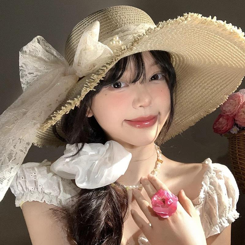 Summer French Big Brim Sun Hat Women's Fashion Ins Seaside Sun Protection Straw Hat Pastoral Pearl Face Small Sun Hat
