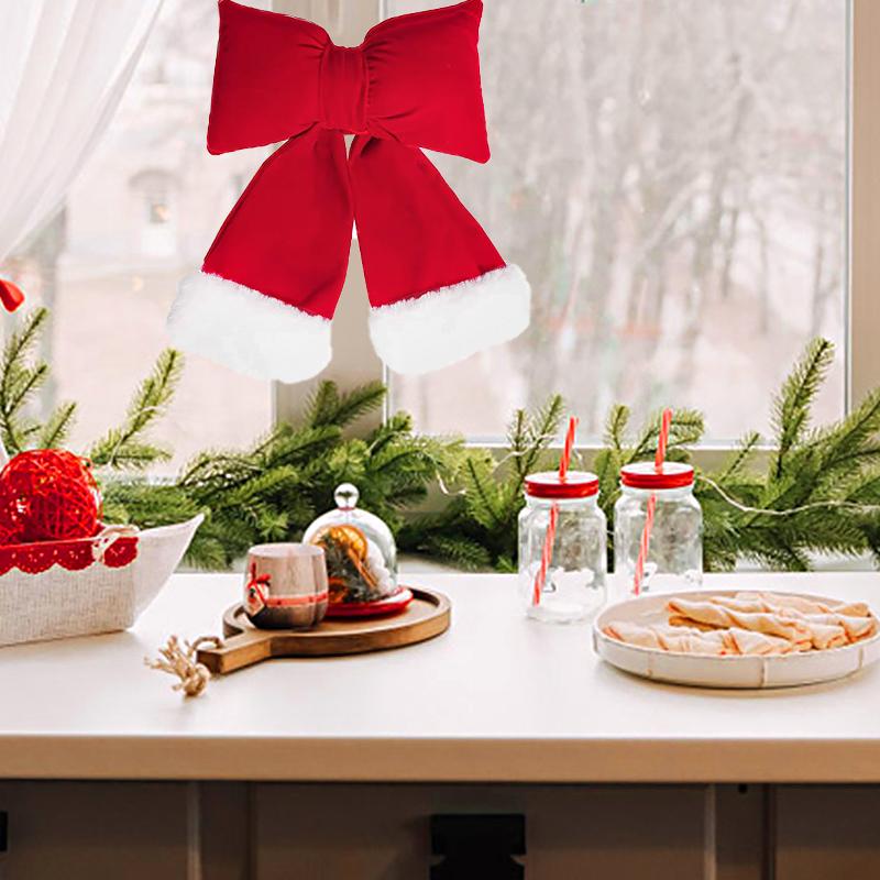 1PC Cotton Padded Bows Home Decor Flannel Christmas Velvet Bow Decoration Thanksgiving With White Fur Trim Holiday Decor 3 Sizes