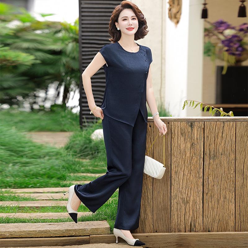 

2026 New Style Elegant Plus Size Summer Two-Piece Set for Middle-Aged and Elderly Women XL чёрный