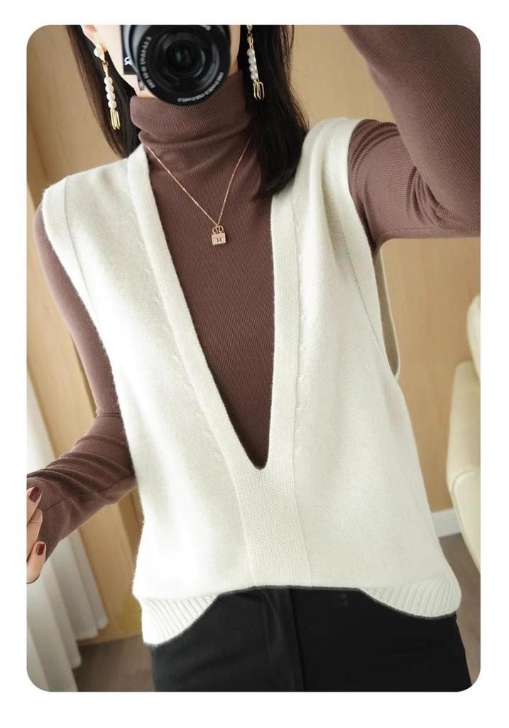 Women's V-neck Knit Vest - Korean Style Wool Blend Shawl for Autumn/Winter