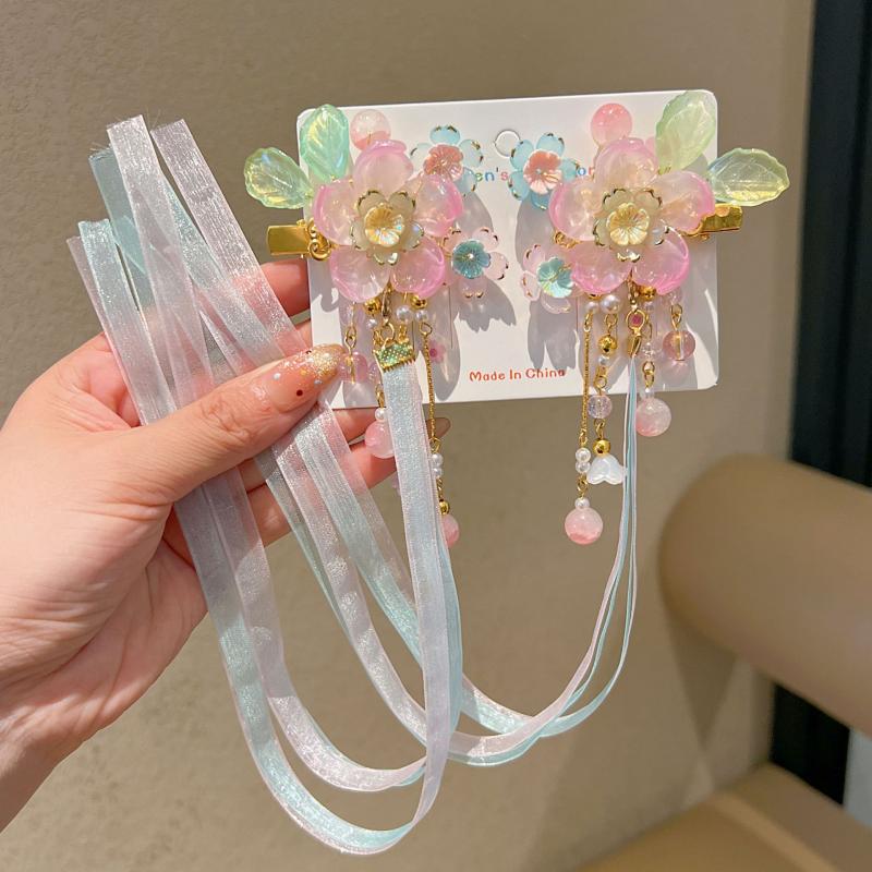 1 Pair Ancient Chinese Hanfu Girl'S Tassel Hair Clip Princess Style Flowing Silk Hairpin Adorable Headwear For Little Girls