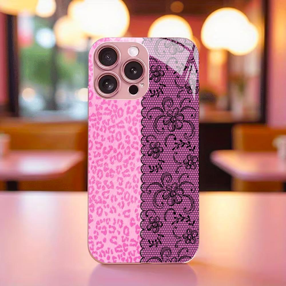 Luxury Pink Leopard & Lace phone case mobile phones for iphone 17 pro max cover Glass for iPhone 17 16 15 14 13 12 11pm Pro Plus