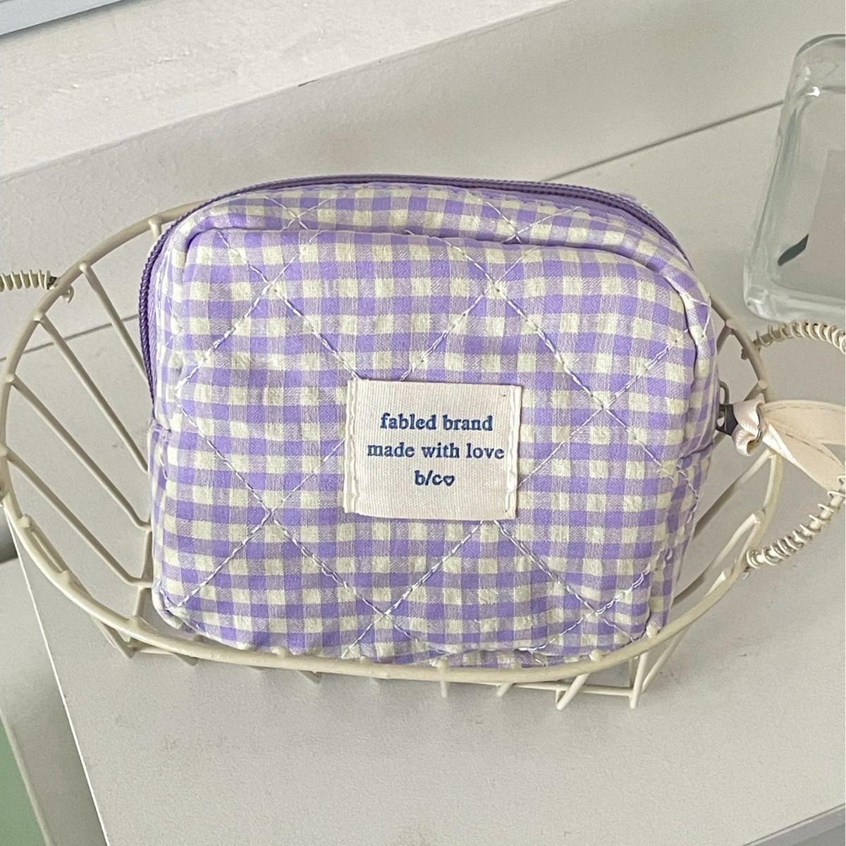 

Lace Plaid Quilted Makeup Bag, Multifunctional Portable Makeup Bag, Travel Storage Bag, Cute Ruffle Makeup Bag