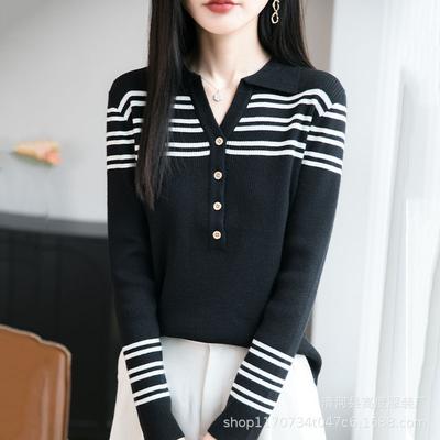 Maglione a righe multicolori con revers, taglio a forbice, manica lunga, in maglia, per donna, Primavera e Autunno, Giovanile, Stile College, Top snellente