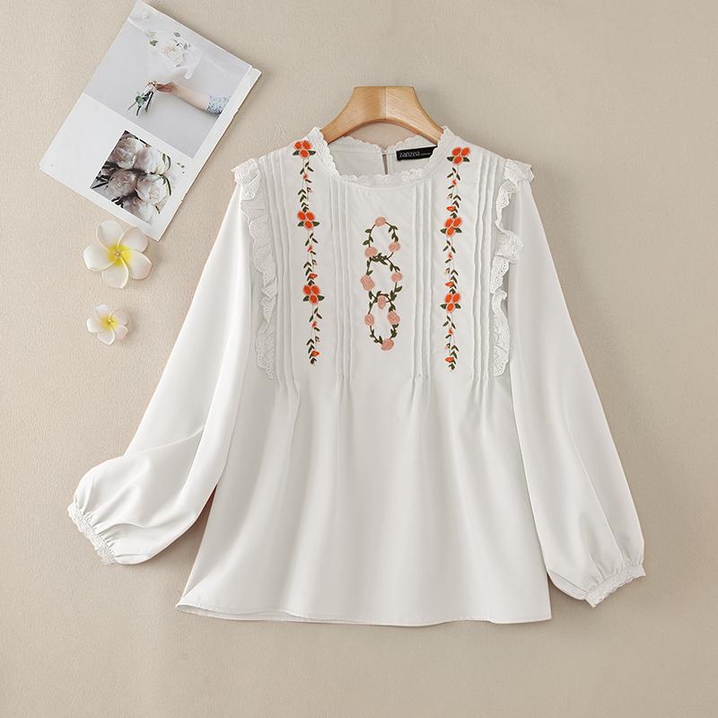 

ZANZEA Женская повседневная блузка с длинным рукавом и цветочной вышивкой M белый