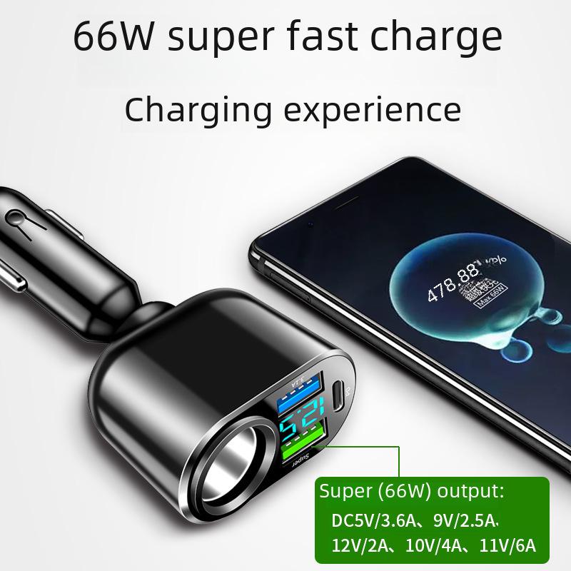 66W Multi-Function Fast Charging Car Charger with Digital Display: 30W PD, One-to-Four Cigarette Lighter Adapter
