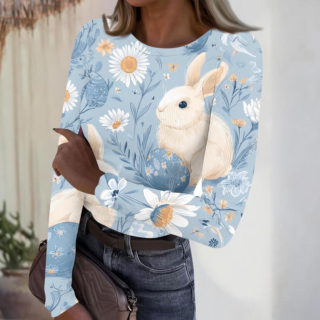 Women's Casual Fashion Round Neck Easter Print Long Sleeve Strip Top